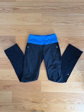 Lululemon Run Ice Queen Pant Sz 2 Black Beaming Blue Fleece Lined Zip Pockets